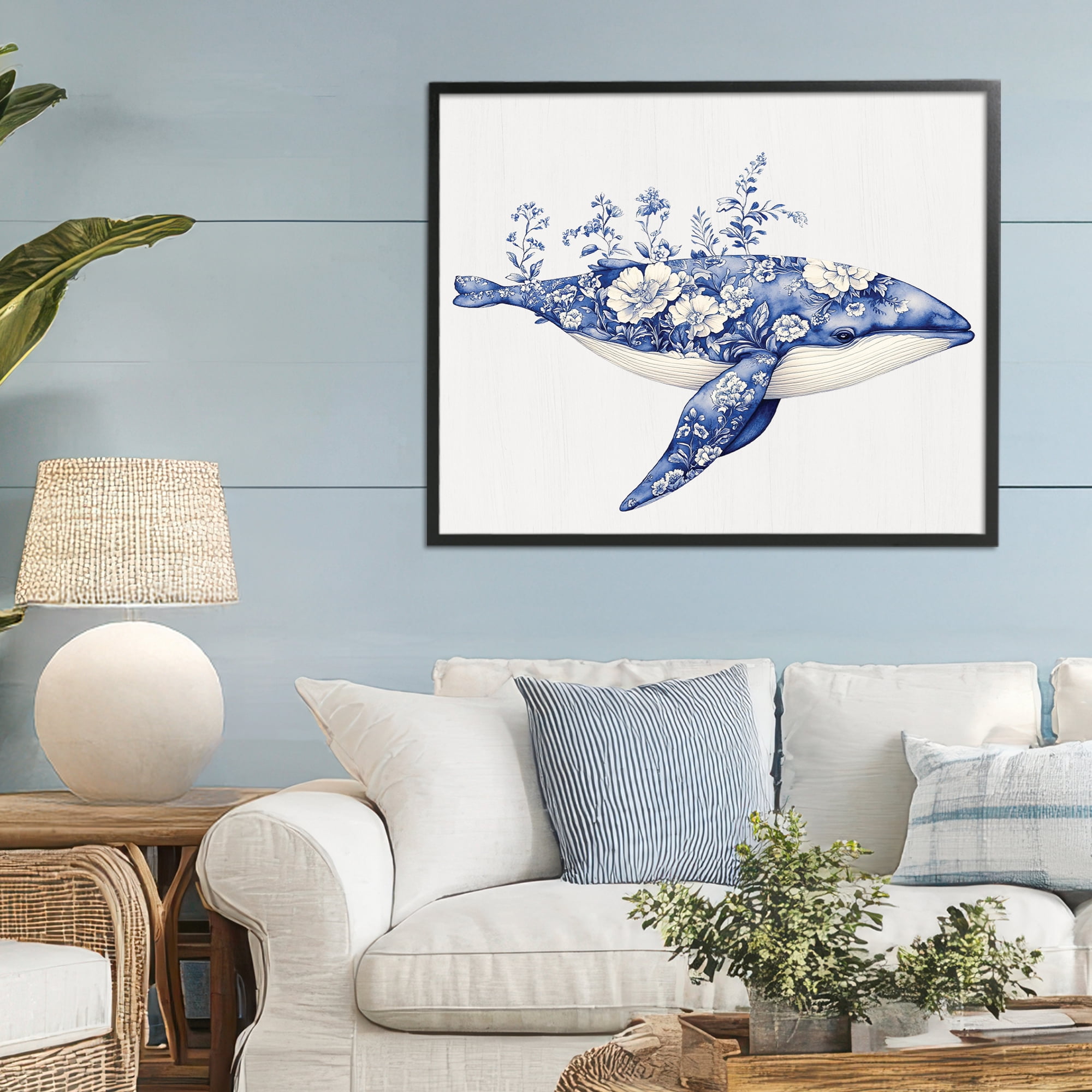 Blooming Toile Whale Black Framed Giclee Art, design by Lettered and Lined