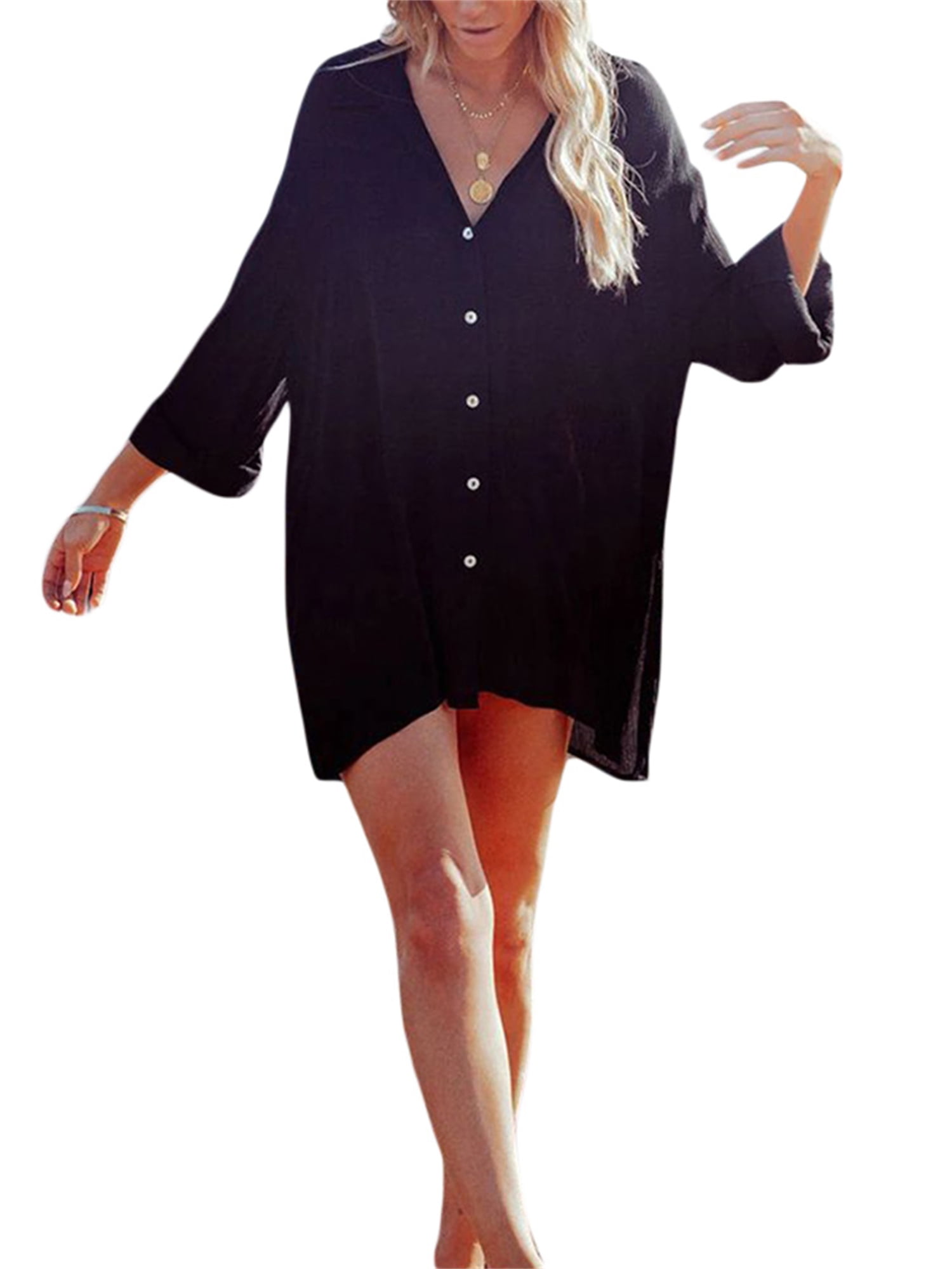 Qiylii Women's Summer Long Sleeve CoverUps Shirt, Solid Color Turn