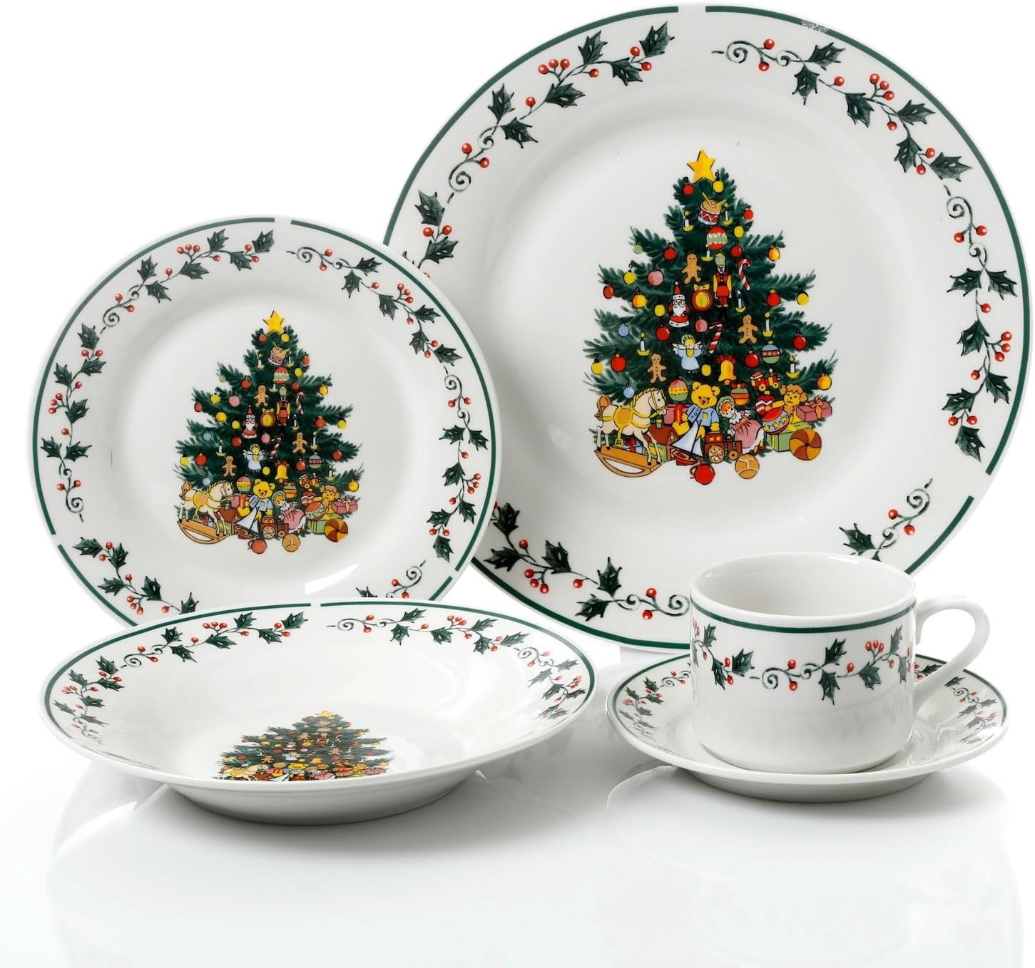 Gibson Home 20-Piece Ceramic Christmas Tree Trimming Dinnerware Set – Holiday Dinnerware with Christmas Tree & Holly Design