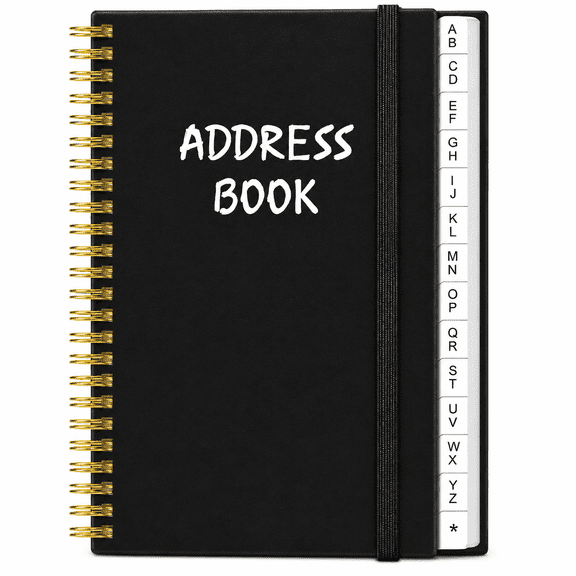 Small Spiral Address Book with Alphabetical Tabs, 4.3 x 6.2 Inch, 128 Pages, Contact, Birthday and Password Organizer, Black