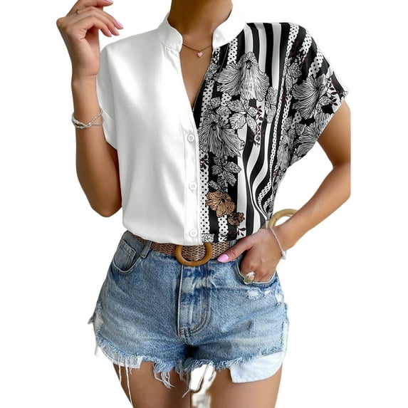 Gvmfive Women Casual Patchwork Short Sleeve Button Down Tops Shirts Blouse