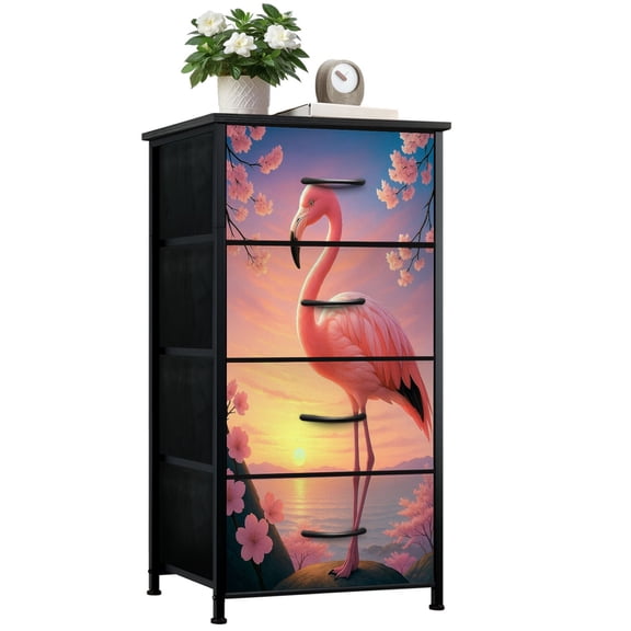 Dresser for Bedroom with 4 Storage Drawers Sunset Among Cherry Blossom Trees Dressers Chest of Drawers Steel Framed Fabric Closet Organizers for Entryway