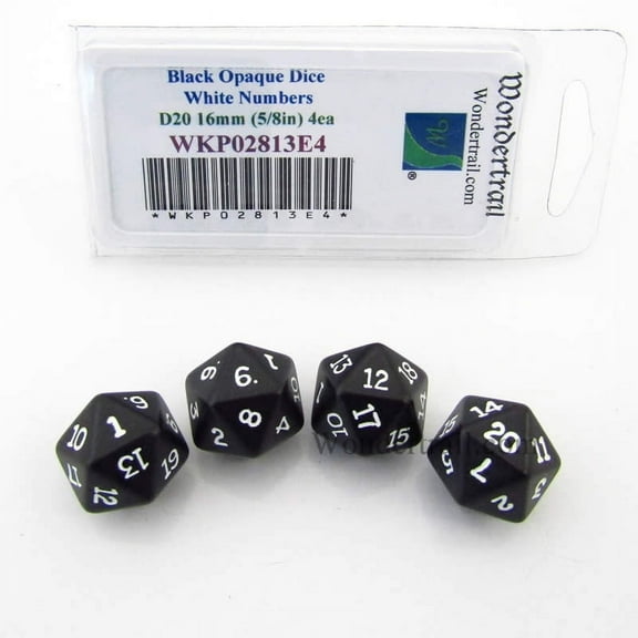 Black Opaque Dice with White Numbers D20 16mm (5/8in) Pack of 4 Wondertrail