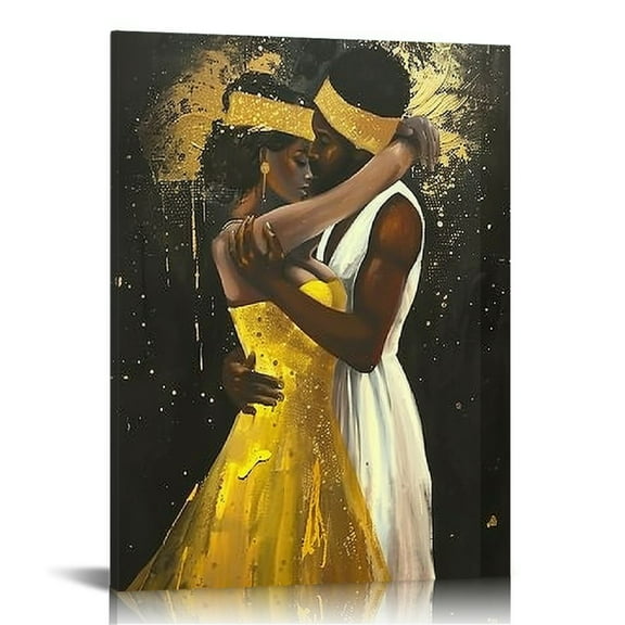 JEUXUS Black King and Queen Wall Art - African American Black Couple Canvas Wall Art for Bedroom Wall Decor, Gold and Black Love Framed Artwork for Living Room 12x16 in
