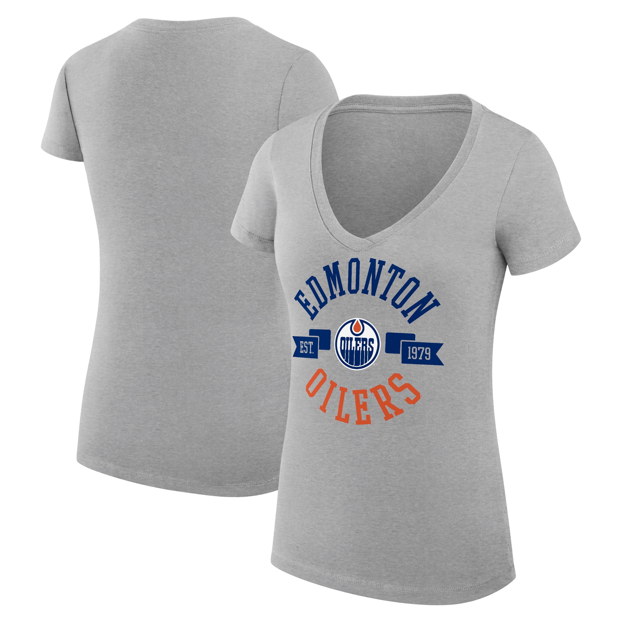 Women's G-III 4Her by Carl Banks Heather Gray Edmonton Oilers Super-Slim Fit Lightweight City Graphic V-Neck T-Shirt