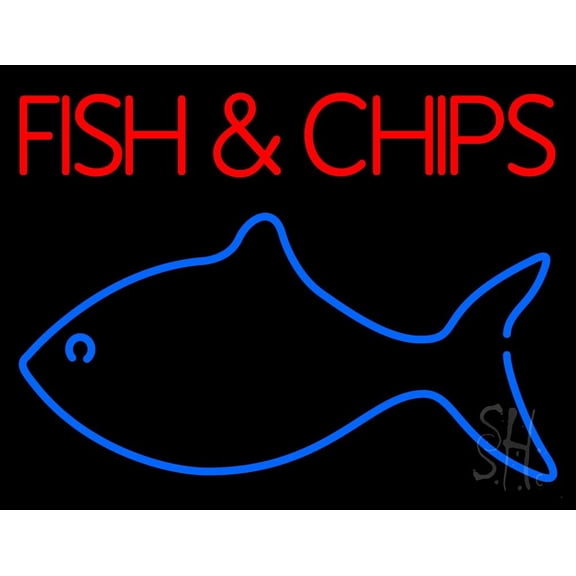 Fish and Chips With Fish Logo LED Neon Sign 15 x 19 - inches, Clear Edge Cut Acrylic Backing, with Dimmer - Bright and Premium built indoor LED Neon Sign for restaurant window and interior decor.