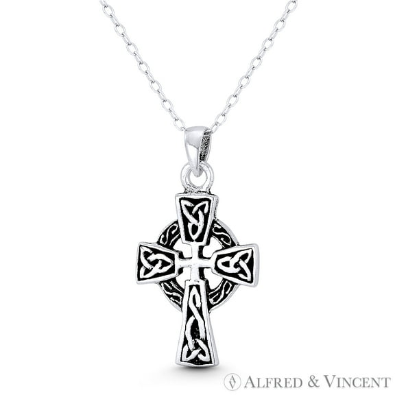 Celtic & Trinity Knot Irish Christian Cross 30x16mm (1.2x0.6in) Pendant & Chain Necklace in Oxidized .925 Sterling Silver