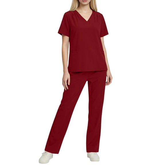 Oplxuo Short Sleeve Scrubs for Women Sets - Classic V-Neck Scrub_Tops & Straight Pants Stretch Nurse Uniform Workwear Outfits