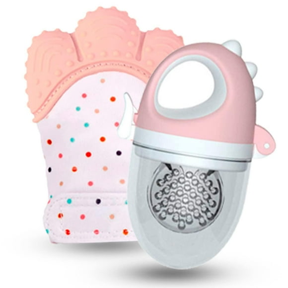 Chupón De Frutas y Papillas Dino Bebé + Guante Mordedera Rosa Membrana Sonora Relieve Estimulante Li