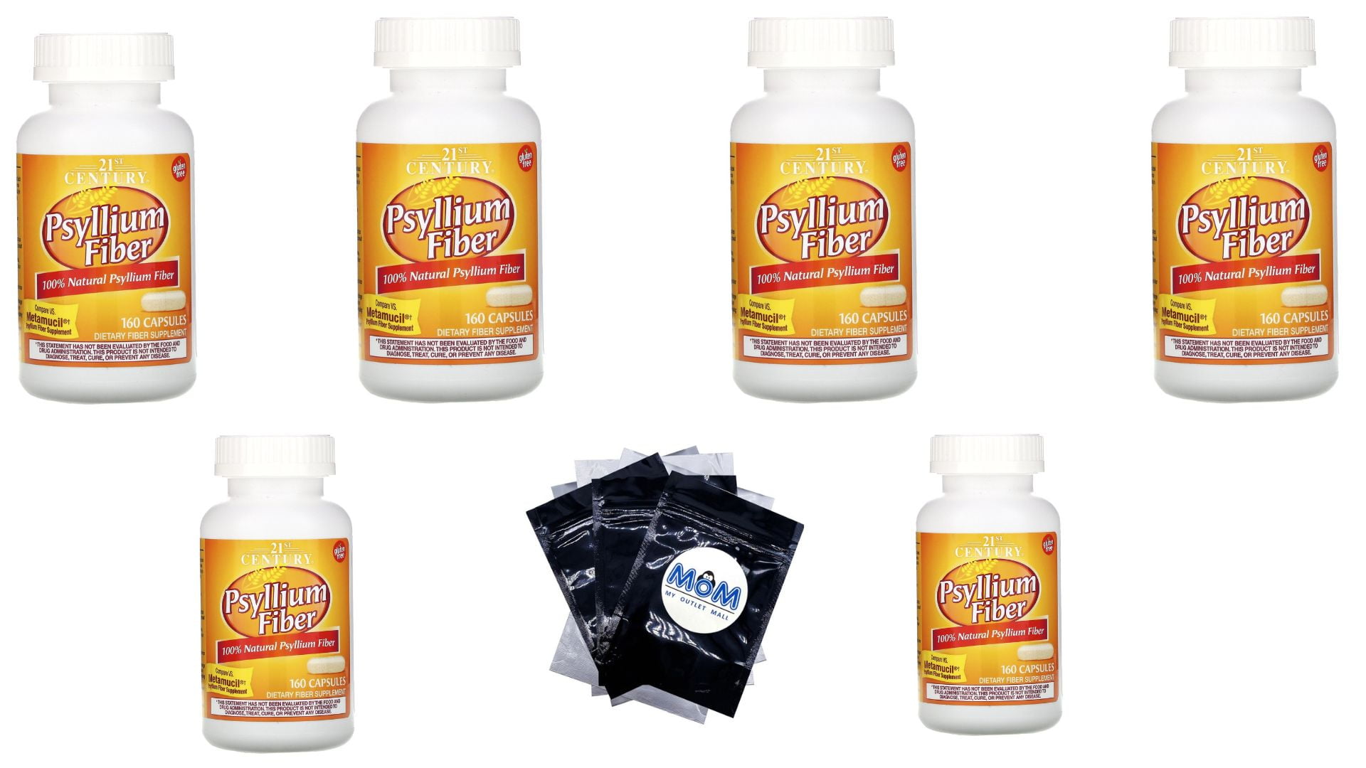 Psyllium Fiber Capsules 160 count 6 Bottles plus 3 My Outlet Mall Resealable Pouches