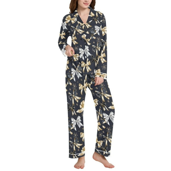 joogoo Pajamas Set for Women Black Gold Bows Long Sleeve Pjs Loungewear L