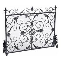 Benjara Fireplace Screen- 45" Scroll Design with Mesh- Black Silver Iron