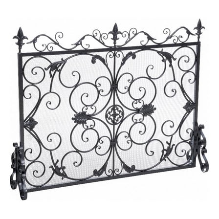 Benjara Fireplace Screen- 45" Scroll Design with Mesh- Black Silver Iron