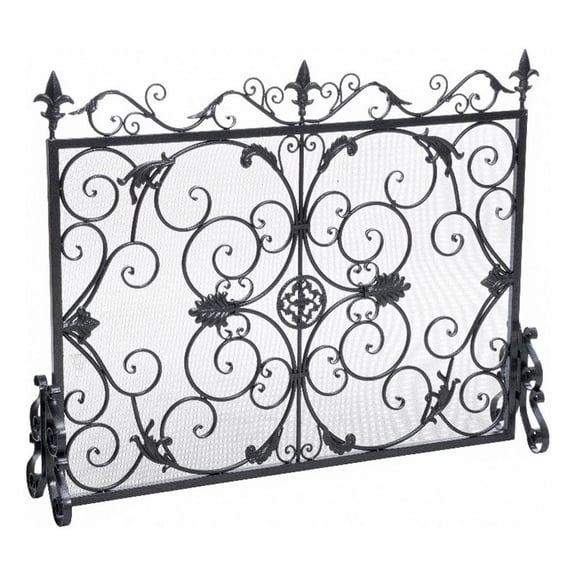 Benjara Fireplace Screen- 45" Scroll Design with Mesh- Black Silver Iron