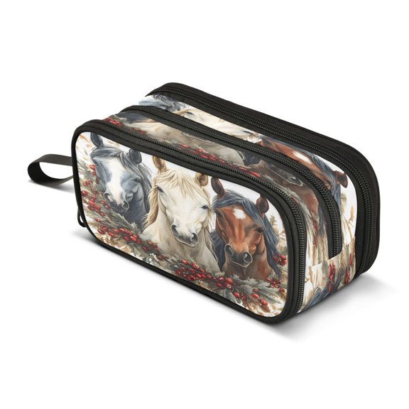 ALAZA Horses Pencil Case Bag 3 Compartment Pen Pouch Large Storage Holder Box Organizer