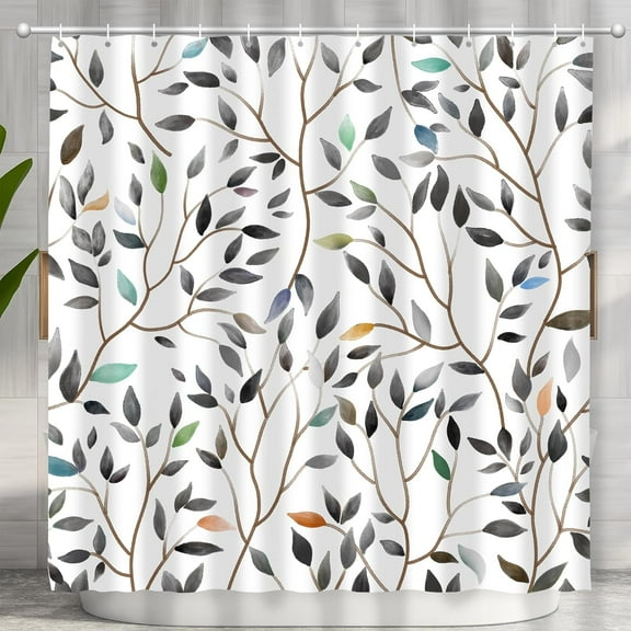 Boho Black Floral Shower Curtain, Spring Gray Botanical Flower Leaves Bohemian Fabric Shower Curtain Set with 12 Hooks, Bathroom Bathtub Accessories Decor Cloth Curtain 72x72 Inches