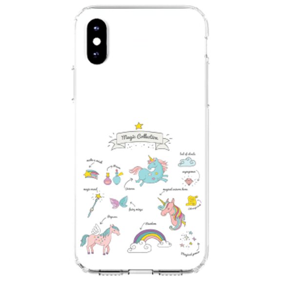 DistinctInk Clear Shockproof Hybrid Case for iPhone X / XS (5.8" Screen) - TPU Bumper, Acrylic Back, Tempered Glass Screen Protector - Magic Collection White - Unicorn, Rainbow