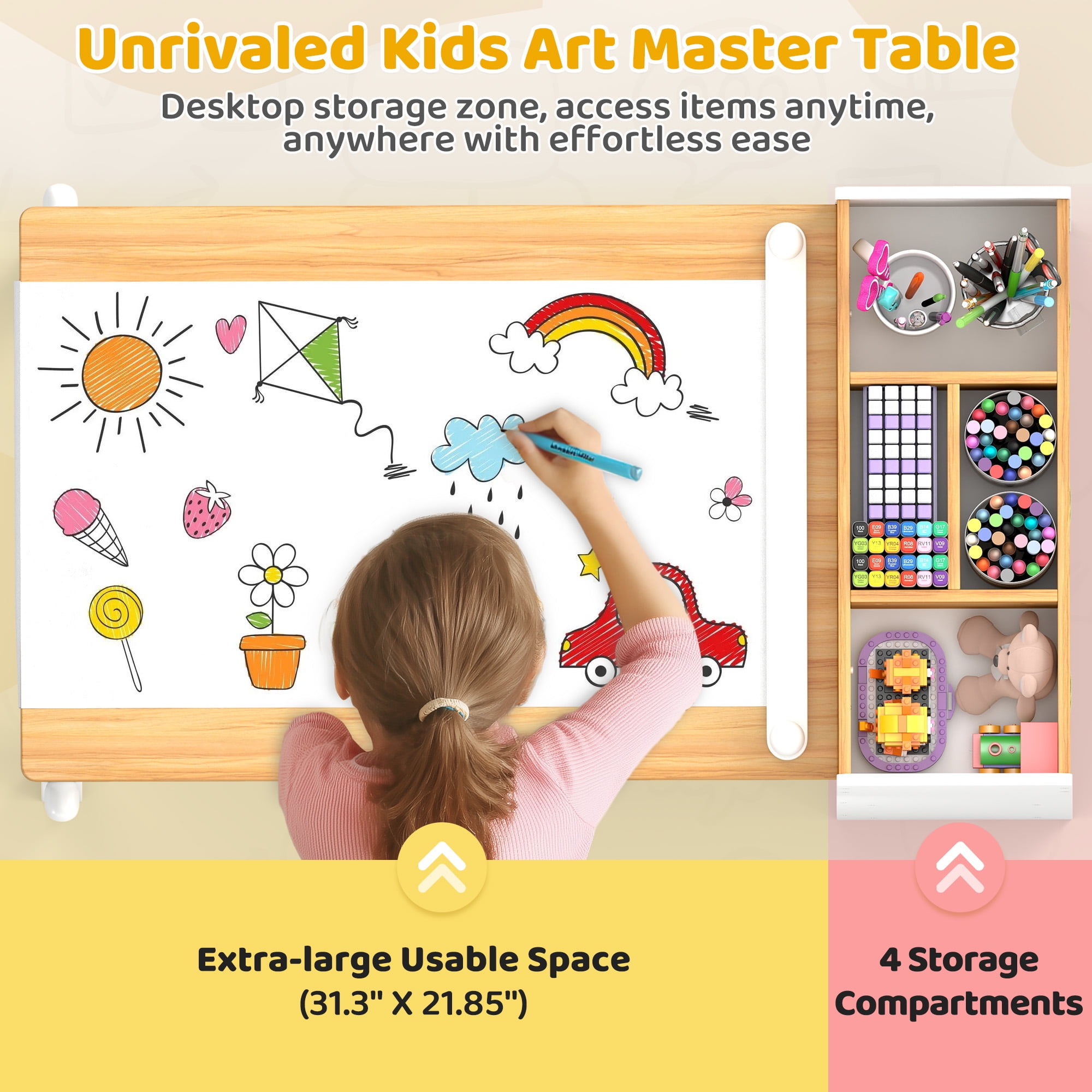 Kids Art Table and Chair Set with Storage Bins & Paper Roll, Toddler Activity Desk for Drawing Play Learning，Natural