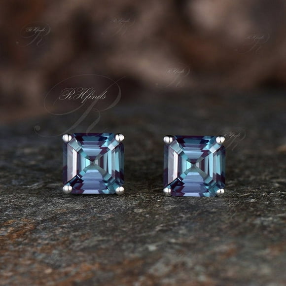 Unique Asscher Cut Alexandrite Solitaire Earrings June Birthstone Color Change Stone Stud Earrings Art Deco Birthday Wedding Earrings Gift