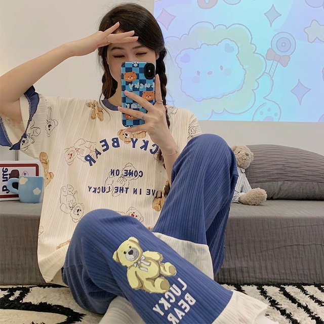 Pijamas finos de verano para mujer, pantalones holgados informales de manga corta, traje de verano para exteriores, ropa de algodón para el hogar