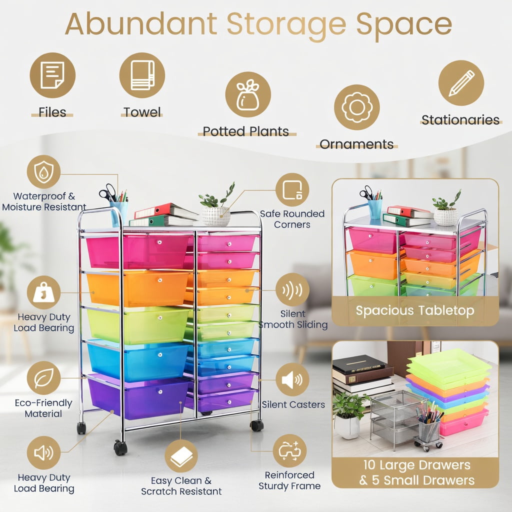 Yardi Yard 15 Drawers Rolling Storage Cart Organizer, Storage Cart, Multipurpose Organizer Cart for Home, Office, School