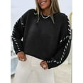 thumbnail image 4 of Females Oversized Sweaters Contrast Stitching Crewneck Sweater Cable Knit Pullover Jumper Pullovers Black M, 4 of 7