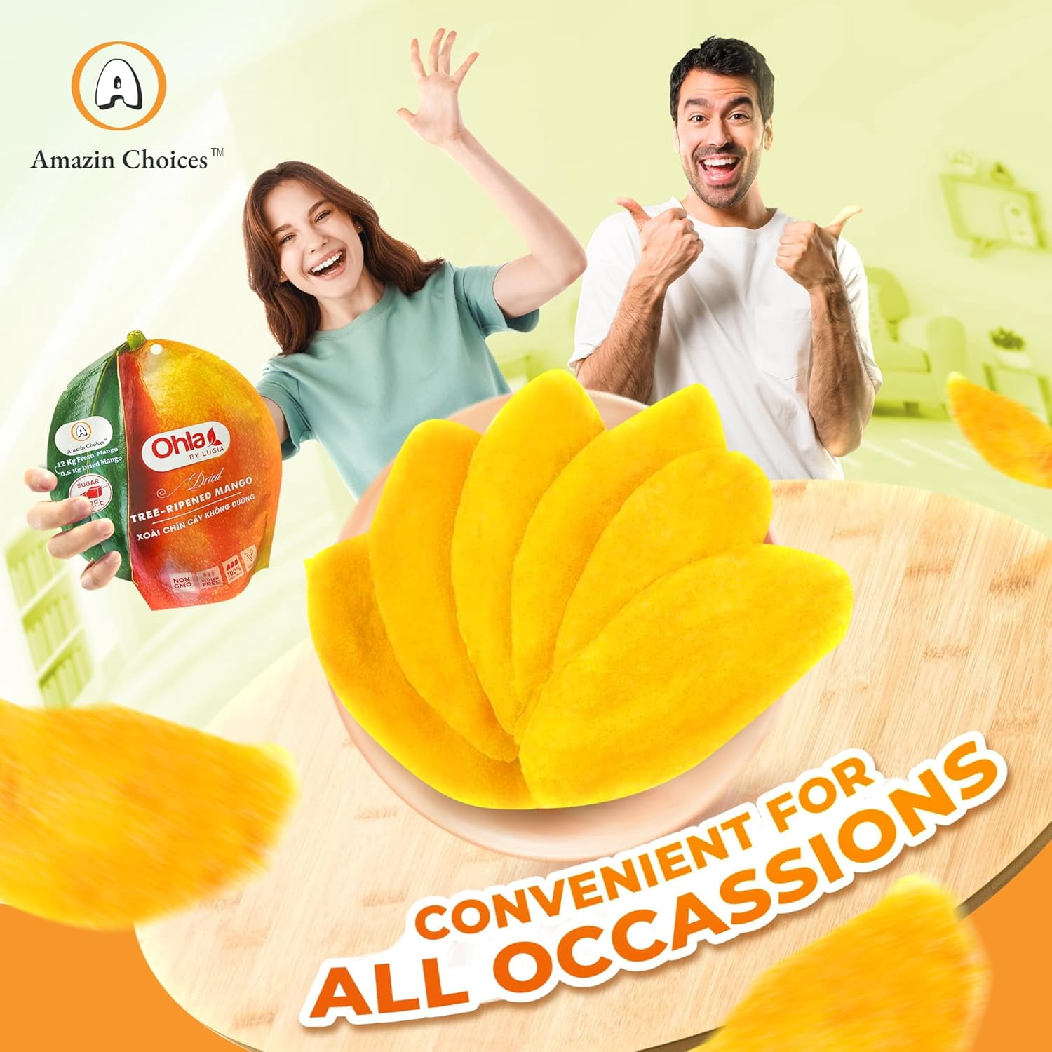 (5 pack) Amazin Choices Dried Tree-Ripened Mango Slices, Sugar-Free, Vegan, Gluten-Free, Fruit Snack, 7.05 oz