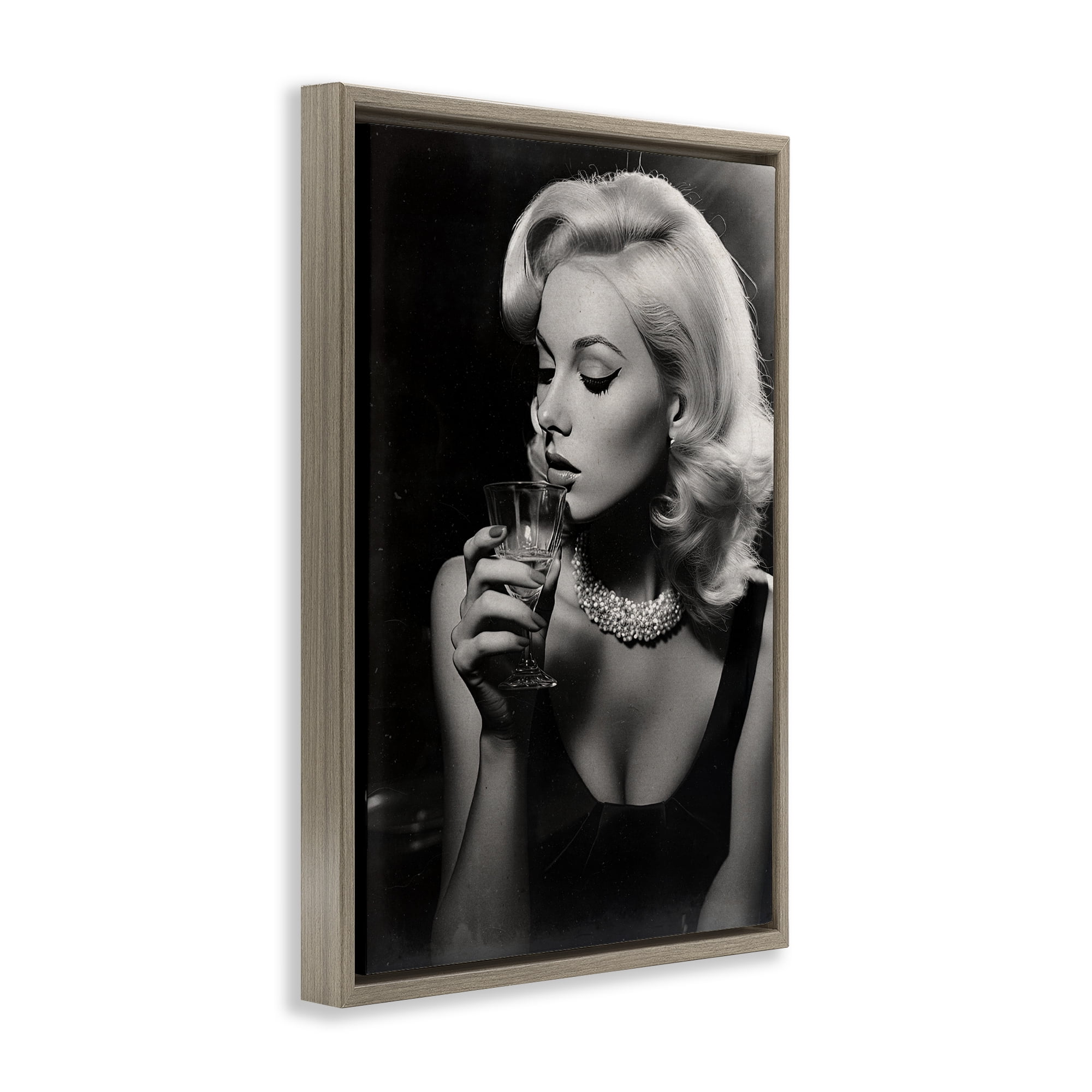 Classic Woman & Martini Brown Framed Floater Canvas Wall Art, design by Decent Exposures