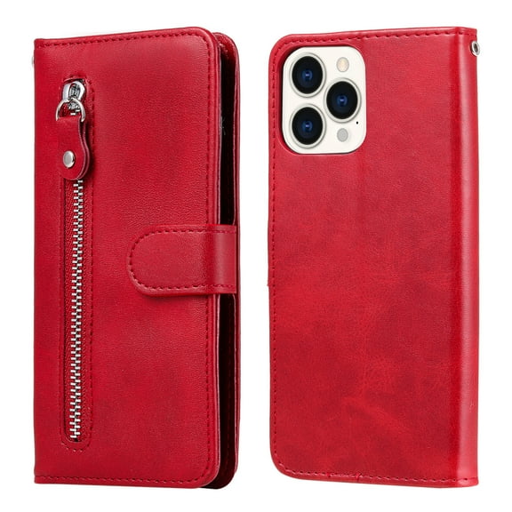 ELEHOLD Wallet Case for iPhone 14 Pro 6.1", Zipper Pocket Card Slots Kickstand Magnetic Clasp Full Body Shockproof Purse Case for iPhone 14 Pro, Red