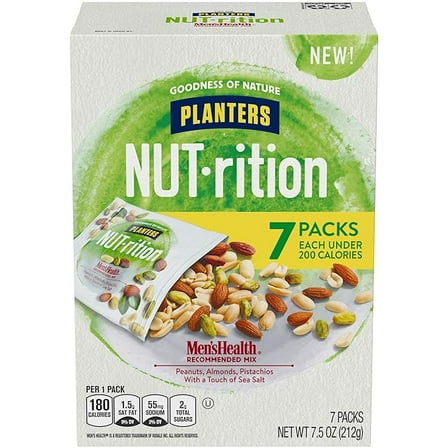 Planters NUT-RITION MEN'S HEALTH Recommended Nut Mix with Peanuts, Almonds, Pistachios Sea Salt, 7 ct of 1.25 oz Packs