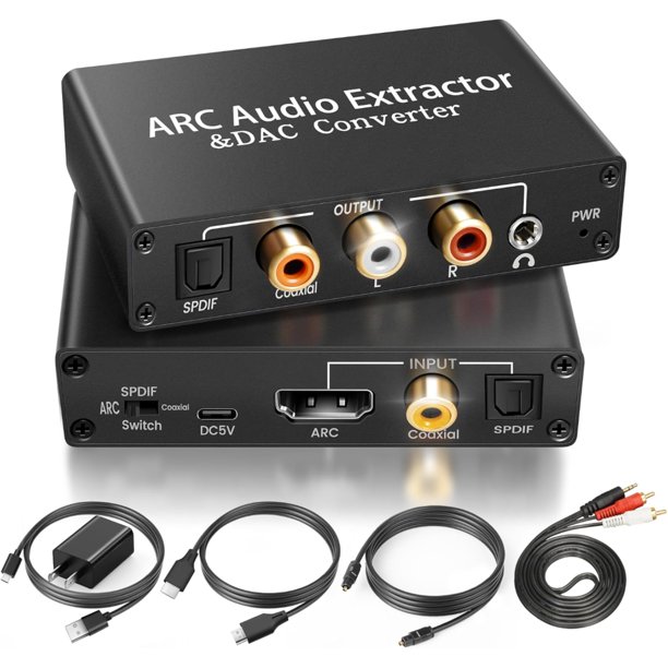 Extractor de Audio ARC HDMI DAC – Convertidor Digital a Analógico de 192kHz, Entrada Óptica/coaxial, Salida Estéreo Óptica/rca/3.5mm, Compatible con PS3/PS4/HDTV/DVD, Incluye 4 Cables