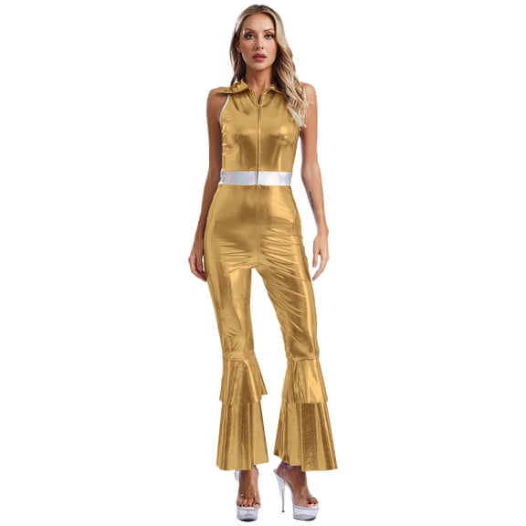 Raenseen Women Shiny Metallic Jumpsuit 70s Disco Lapel Collar Sleeveless High Waist Flared Jumpsuits Gold 3XL