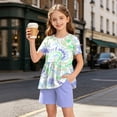 thumbnail image 2 of NIEWTR 11-12 Years Teen Girls'Clothing 2 Piece Sets Summer Short Sleeve Graphic T Shirt And Print Shorts Outfit Set Yoga Gym Outfit Top and Flare Pants Set A7-Blue, 2 of 8
