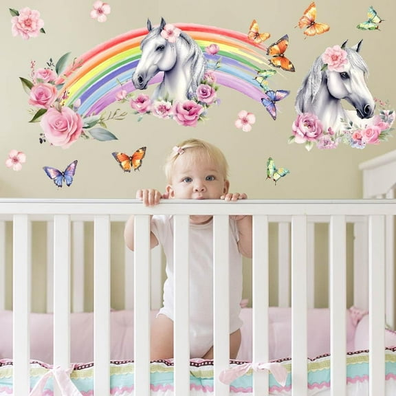 Rainbow Wall Decals White Horse Wall Stickers Flowers and Butterflies Wall Art Murals Peel and Stick Adhesive Sticker