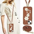 thumbnail image 2 of for iPhone 15 6.1-inch Crossbody Wallet Case, Women Flip Cover Flower Design PU Leather Kickstand Card Holder Slots Wrist Strap Lanyard Purse Phone Case for iPhone 15, Brown, 2 of 9