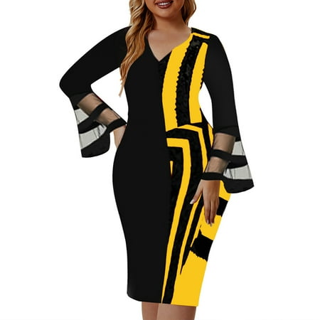 QUYUON Mini Dresses Clearance Plus Size Geometric Print Mesh Patchwork Dress Bag Bodycon Dress Women Fall Dresses Crew Neck Long Sleeve Midi Embellished Dress Style D-9617 Yellow 3XL