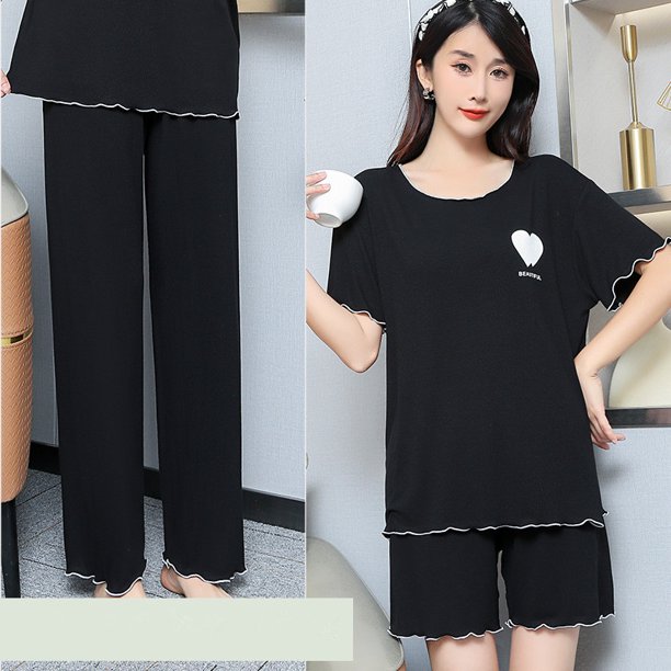 Conjunto de Pijama cómodo de tres piezas para Mujer, ropa de dormir holgada de manga corta, pantalones cortos y pantalones, para el hogar