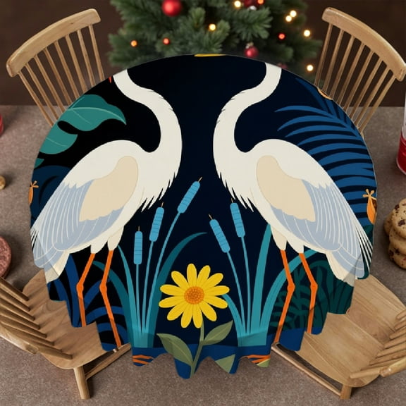 Tablecloth for dining table round - Chinoiserie Birds Flowers Print, Kitchen Accessories Polyester Tablecloths Tablecloth for dining table, Cafe,  picnic,60x60 Inch