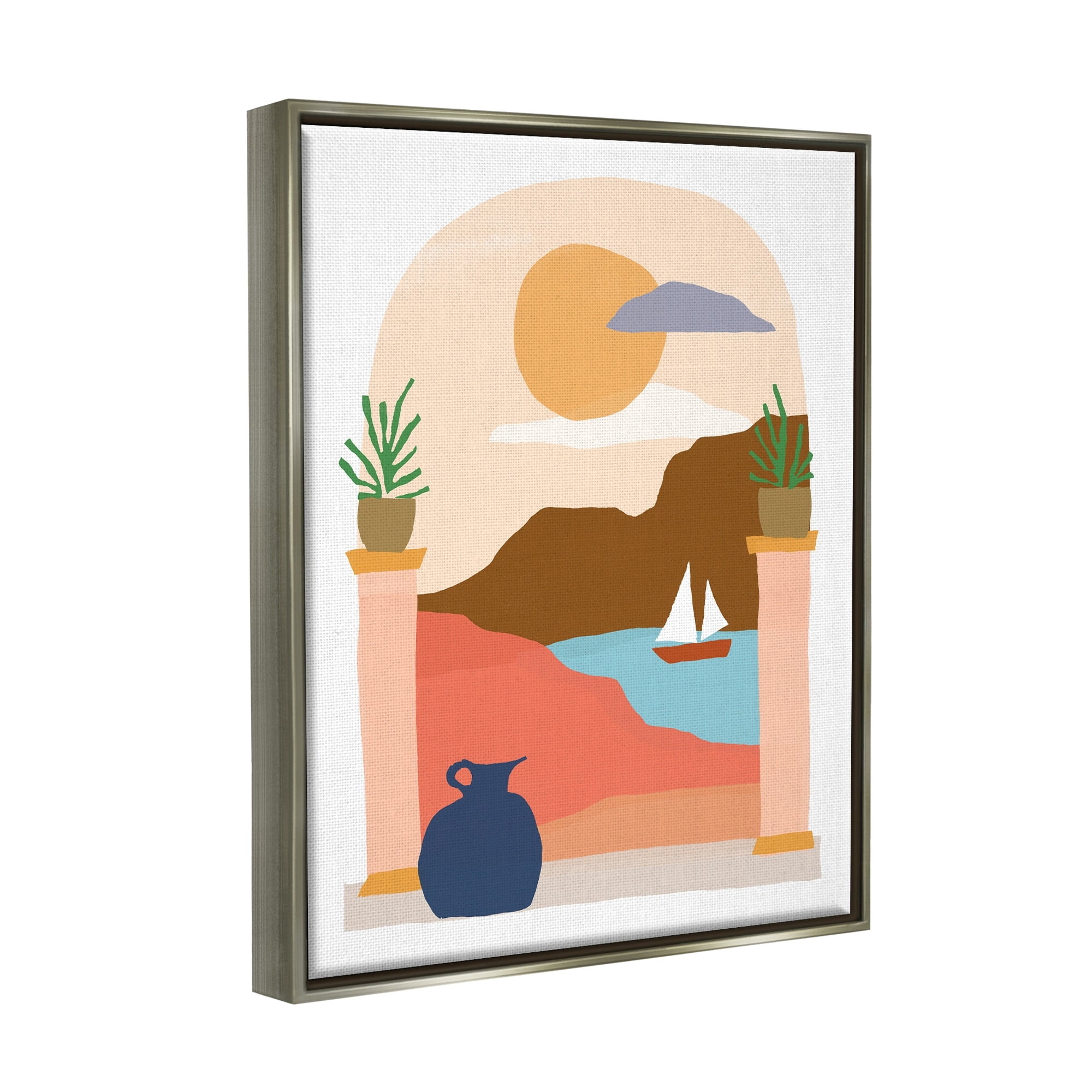 Stupell Industries Calm Distant Sailboat Arch Shaped Landscape Scene Graphic Art Luster Gray Floating Framed Canvas Print Wall Art, Design by June Erica Vess