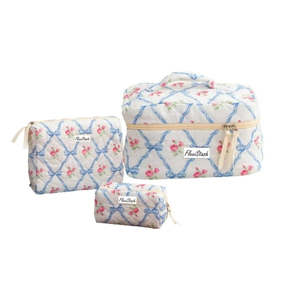 RDRKR Flexistash Cotton Quilted Makeup Bag Set, 3 Pcs Cotton Floral Makeup Bag, Large Toiletry Travel Cosmetic Bag for Women Blue