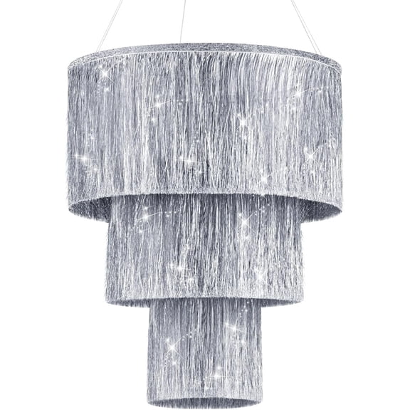 1Pcs 3-Tier Iridescent Silver Foil Fringe Tinsel Hanging Chandelier for Birthday Wedding Bachelorette Graduation New Year Baby Shower Party Backdrops Home Hotel Ceiling Shimmering Decorations