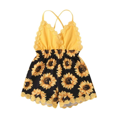 

Baby Girls Romper Toddler Girls Ruffles Sunflower Printed Backless Suspender Romper Jumpsuit Outfits For 2-3 Years