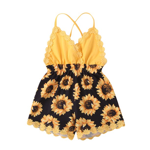 Gibobby Mono Corto Informal con volantes para niños pequeños, mono con estampado de girasol y tirantes para niñas, mono y mono sin espalda para niñas(Negro, 12-18 Meses)