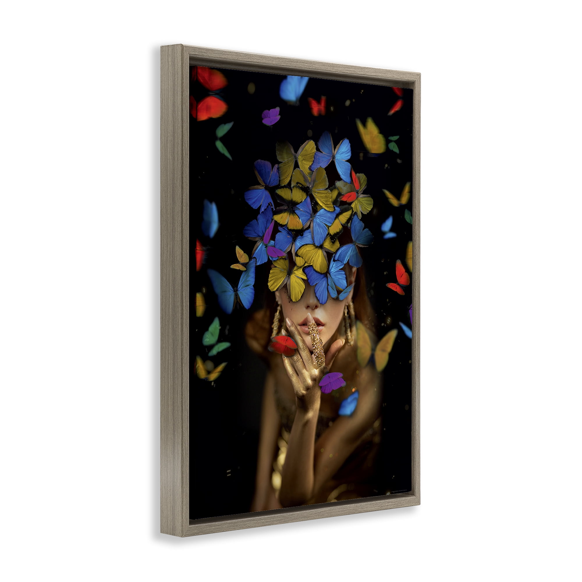 Stupell Industries Butterfly Swathed Woman Animals Painting Brown Floater Framed Canvas Art Print Wall Art, 17 x 25