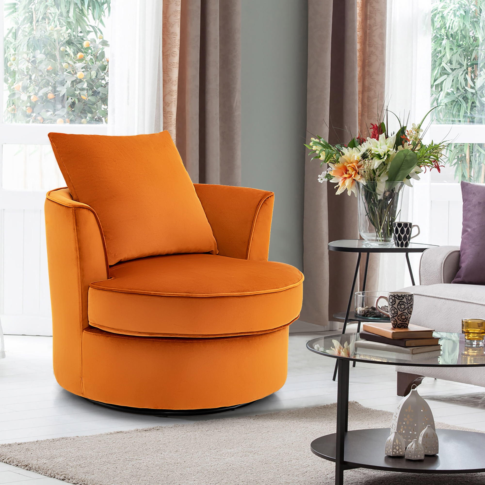 Modern 360 Swivel Barrel Chair with No Assembly Needed Orange Costway