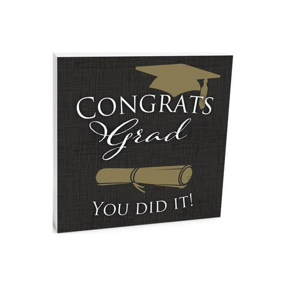 Congrats Grad Slate Grey Cap Diploma 10 x 10 Wood Tabletop Sign Plaque