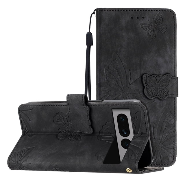 Compatible with Google Pixel 7 Pro Embossed Butterfly Case with Wallet and Kickstand Cover