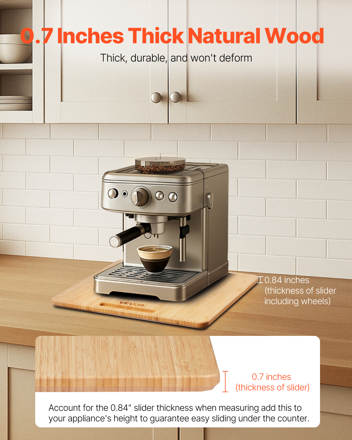 VEVOR Appliance Slider, Medium 13 x 16-inch, Rolling Sliding Tray with Rubber Wheels & Hollow Handle, Easy to Clean, Appliance Rolling Tray for Coffee Maker, Kitchen Countertop, Natural Wood