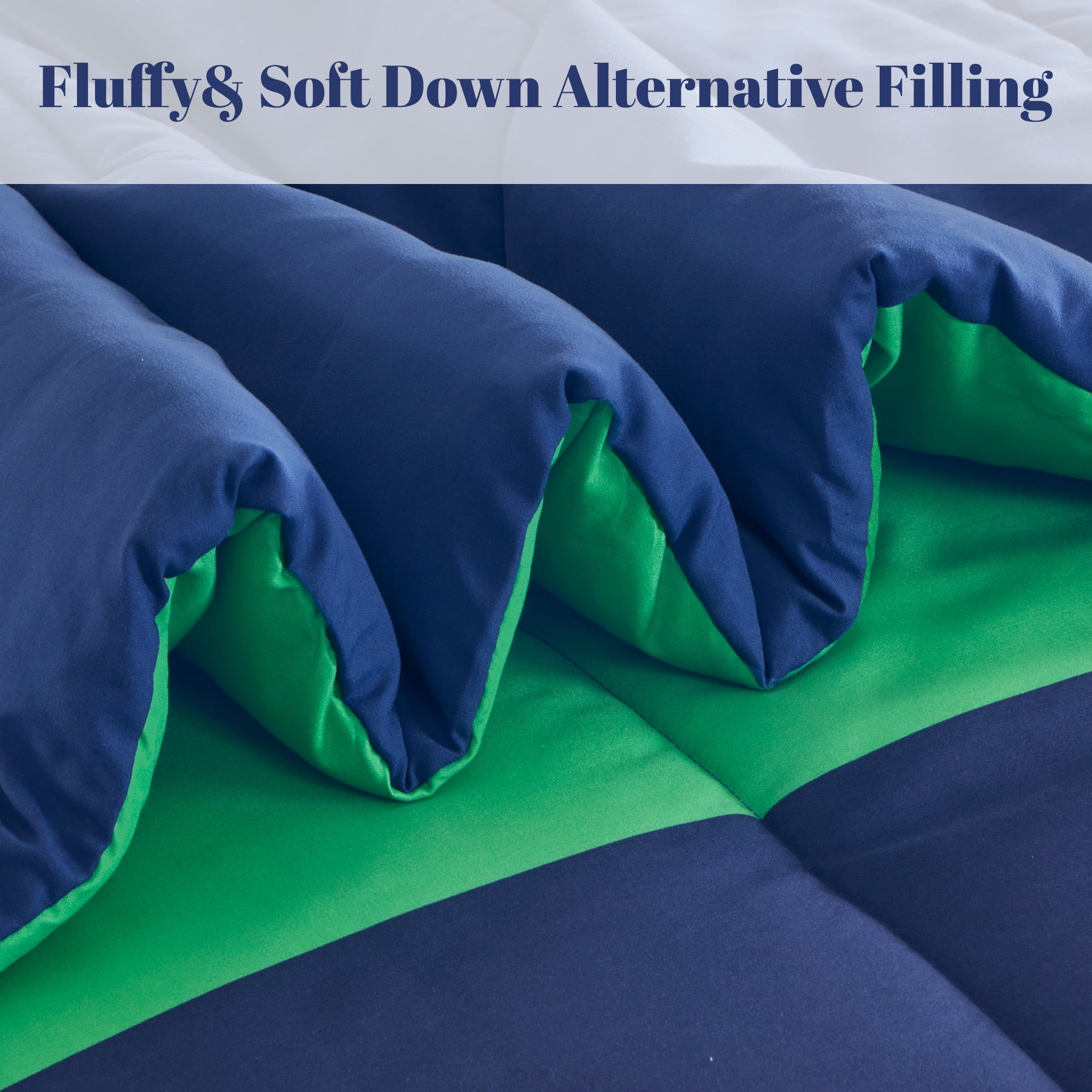 Sonive 7 Pieces Full/Queen Size Kids Comforter Sets , Hotel Collection for All Season, Advanced Digital Printing, Super Soft and Fluffy (Blue Green Rugby Stripe, Full/Queen)