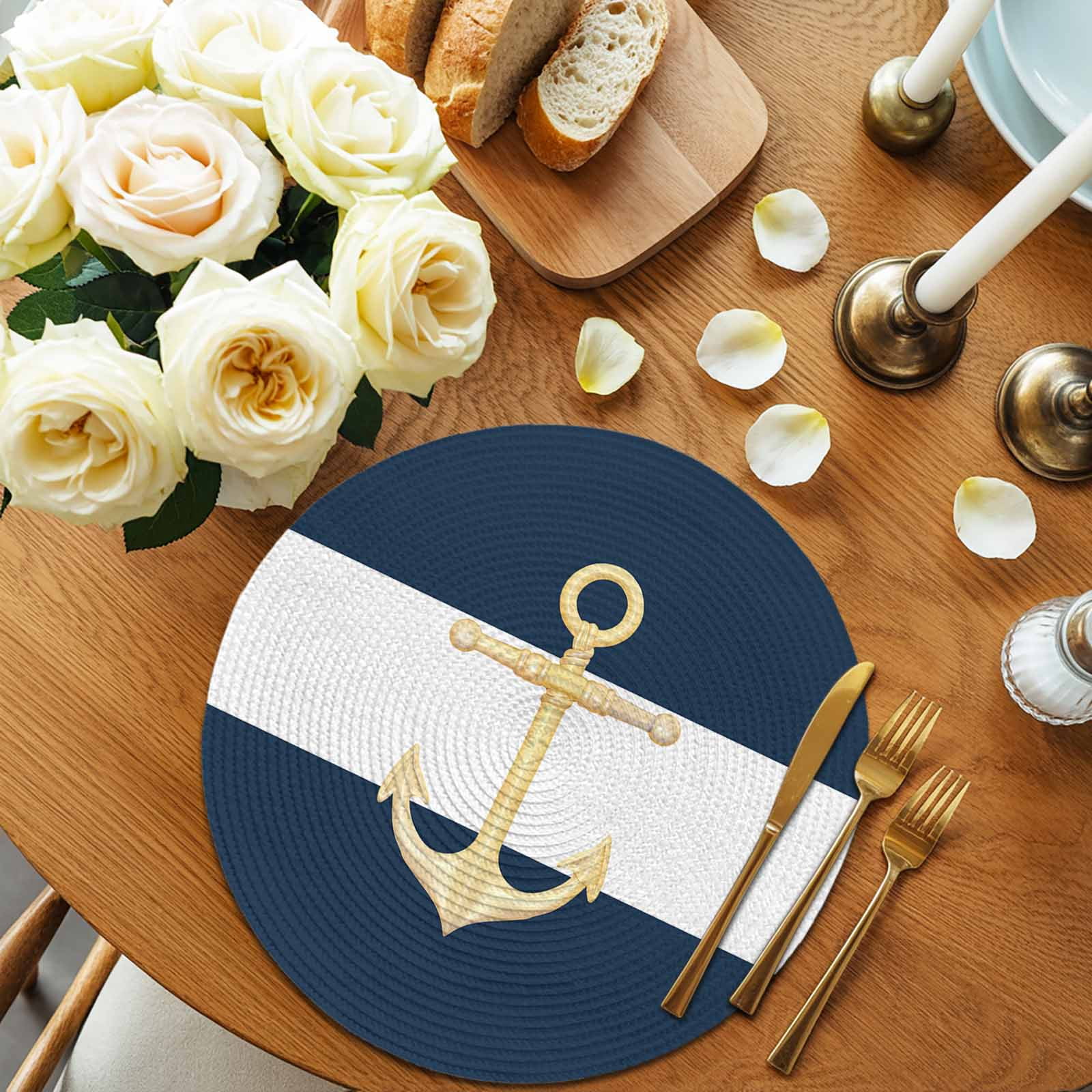 Round Placemats Nautical Anchor 15 inch Set of 4 Table Mats for Dining Table Dark Blue White Heat Resistant Non-Slip Kitchen & Home Decorative Place Mat Set